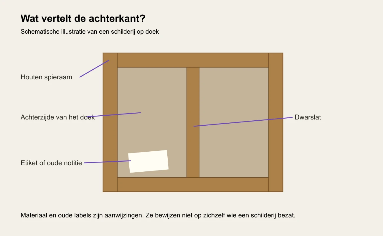 Schematische achterkant van een schilderij op doek, met spieraam, dwarslat en een voorbeeldetiket. Geen weergave van een specifiek kunstwerk.