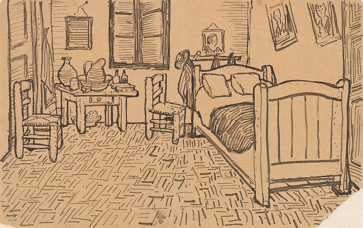 Van Goghs schets van zijn slaapkamer in een brief, oktober 1888.
