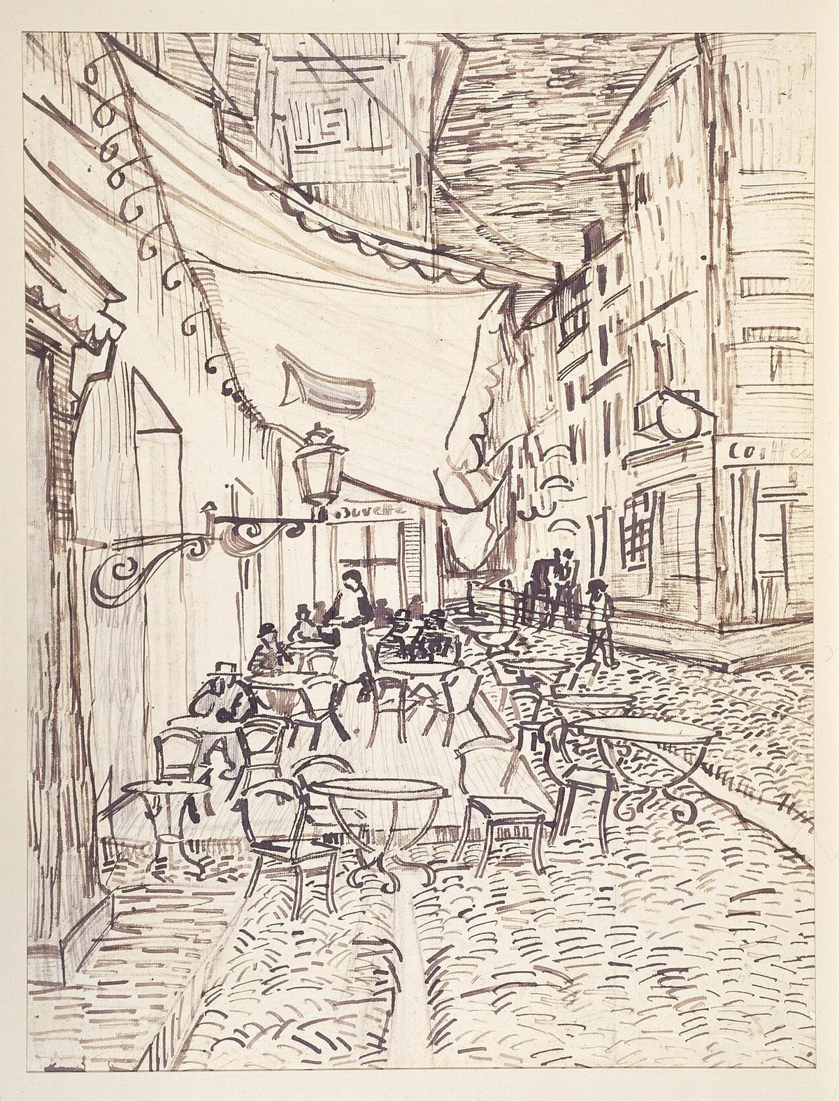 Vincent van Gogh, tekening van het caféterras in Arles. Dit is de tekening, niet het schilderij.