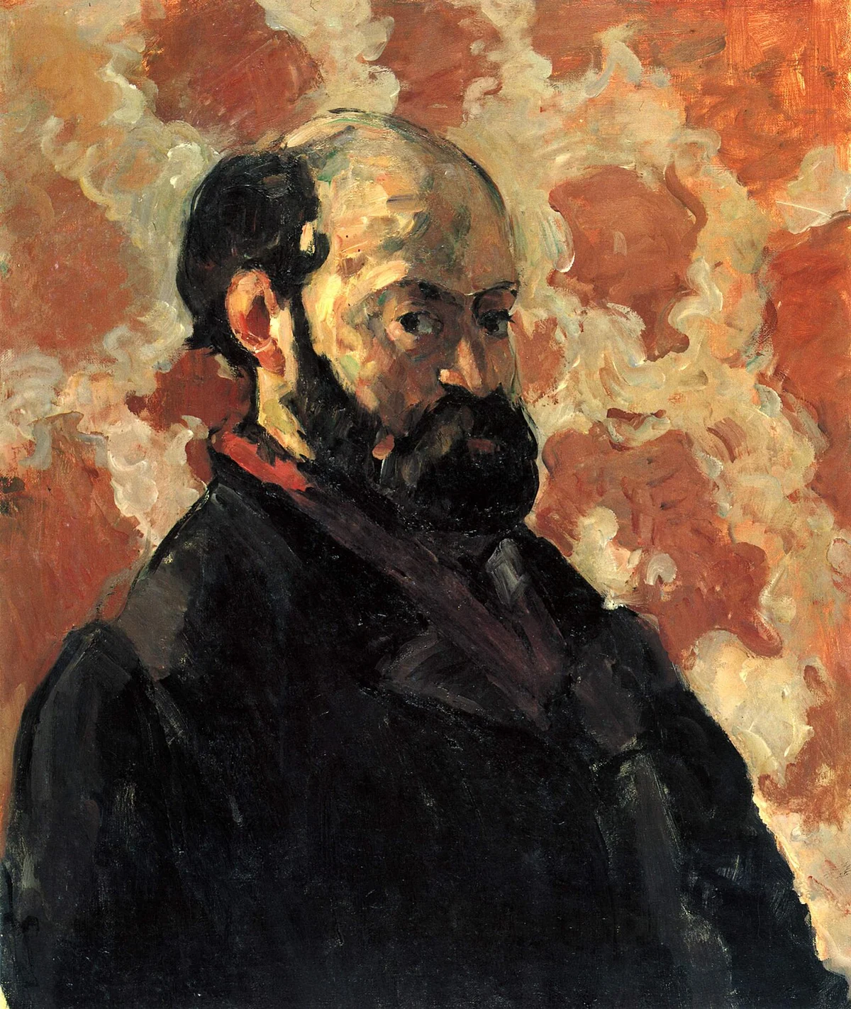 Zelfportret van Paul Cézanne met roze achtergrond.