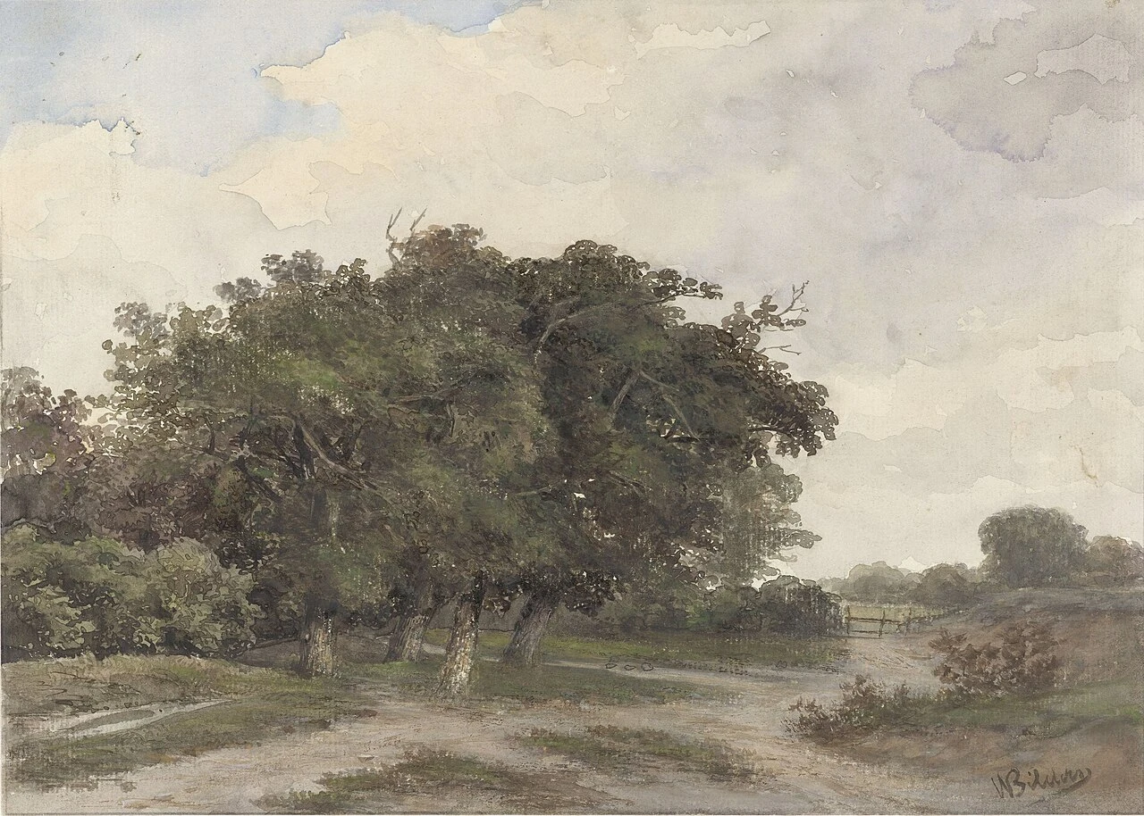 Landschap met bomen, aquarel op papier van Johannes Warnardus Bilders. Publiek domein.