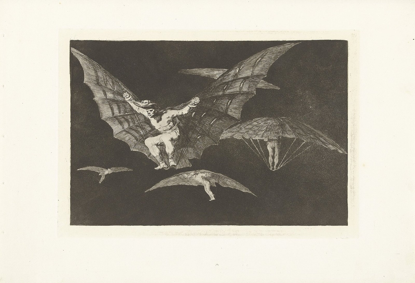 Black-and-white etching: against a dark background, several figures float on large bat-like wings; the man in front grips the handles above his head.