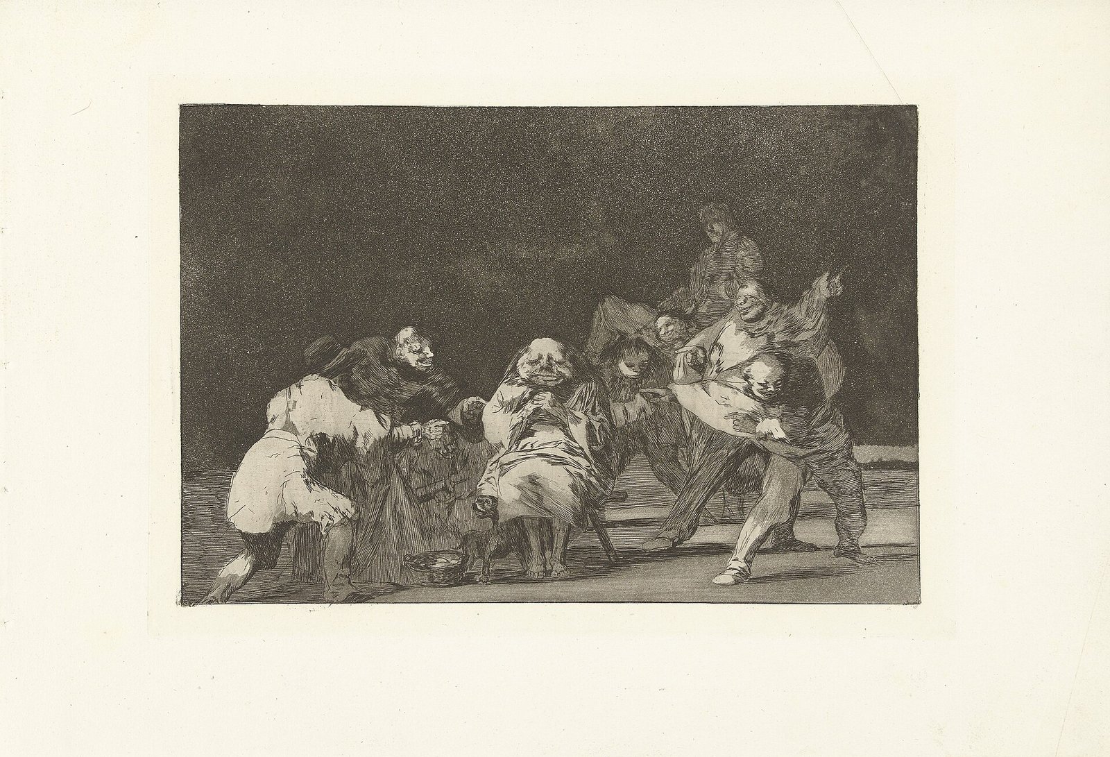 Black-and-white etching: in a dark space, grimacing men lean over a seated, bundled-up old man; on the right someone points upwards, and a small animal stands at the bottom.
