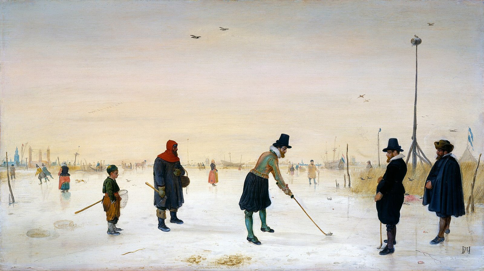 Painting of a light, frozen plain under a pale sky. In the centre a man in a tall hat and green stockings strikes a ball with a club; on the left a boy and a man in a red hood look on, on the right stand two men in black cloaks. In the background skaters, ships and towers.