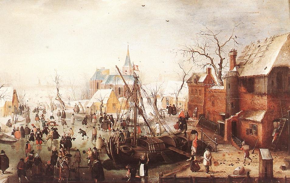 Painting of frozen water full of skaters and walkers. In the centre a sailing ship lies frozen in; on the right brick houses with a tower, behind them a church with a spire and bare trees under a pale winter sky.