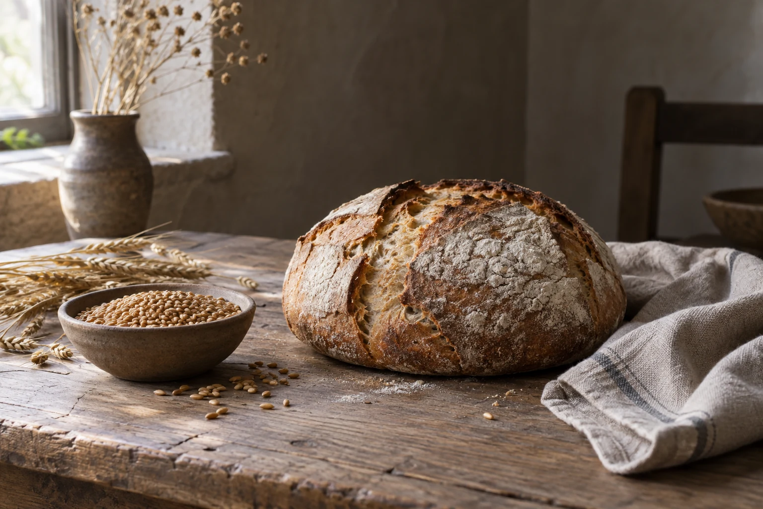 KI-Bild zur Illustration. Brot und Getreide als allgemeine KI-Stimmungsillustration; kein existierendes Kunstwerk.