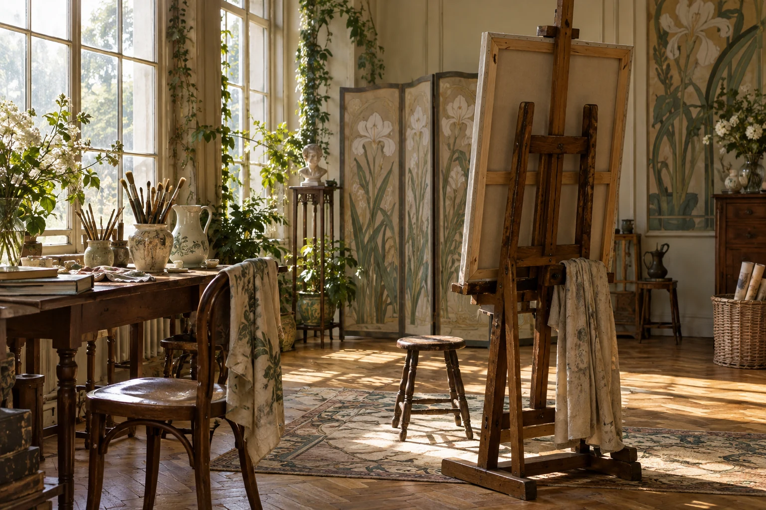 KI-Bild zur Illustration. Allgemeines KI-Bild eines vom Jugendstil inspirierten Ateliers, kein realer Ort.