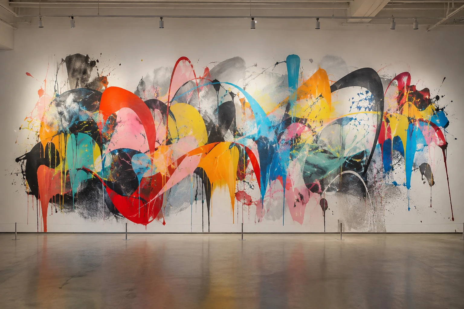 AI image for illustration: fictional museum gallery with abstract graffiti influences, not an existing artwork.