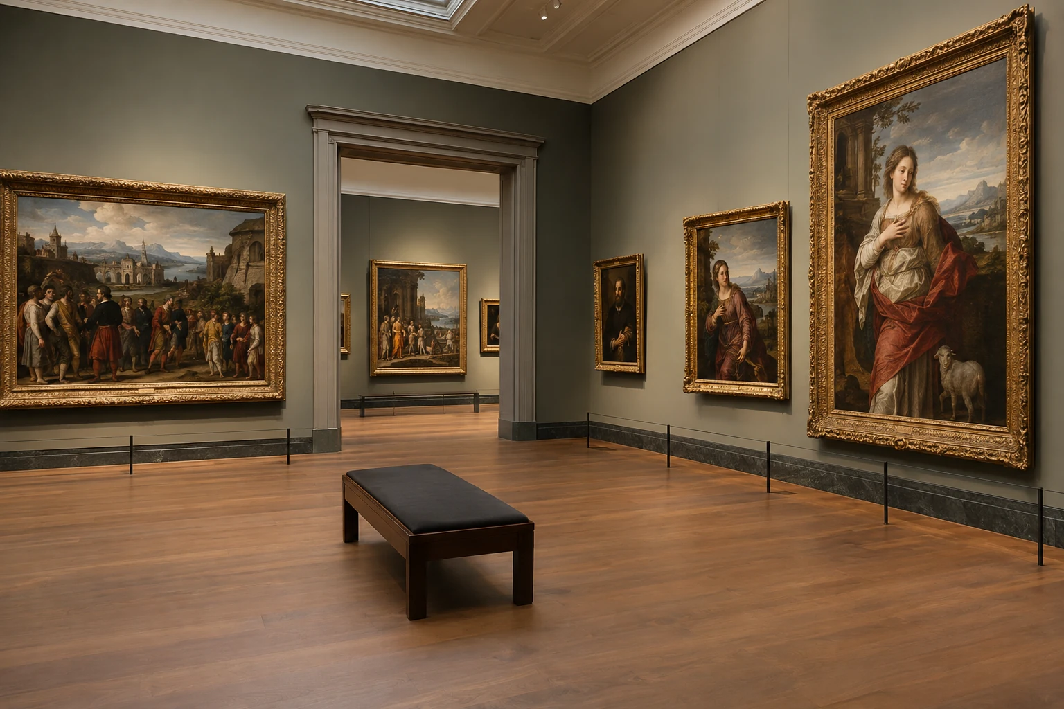 KI-Bild zur Illustration: fiktiver Museumsraum mit europäischen Gemälden; keine bestehenden Kunstwerke.