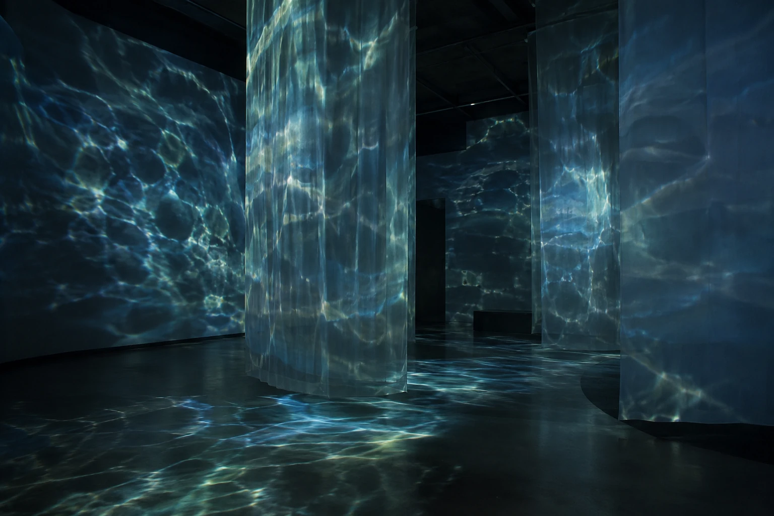 AI-beeld ter illustratie: fictieve, abstracte waterinstallatie in een museumzaal.