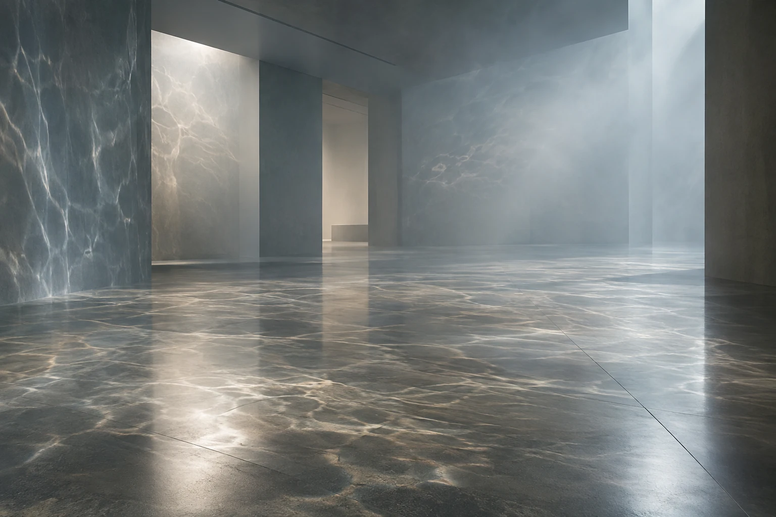 AI-beeld ter illustratie: fictieve zaal met licht en waterreflecties.