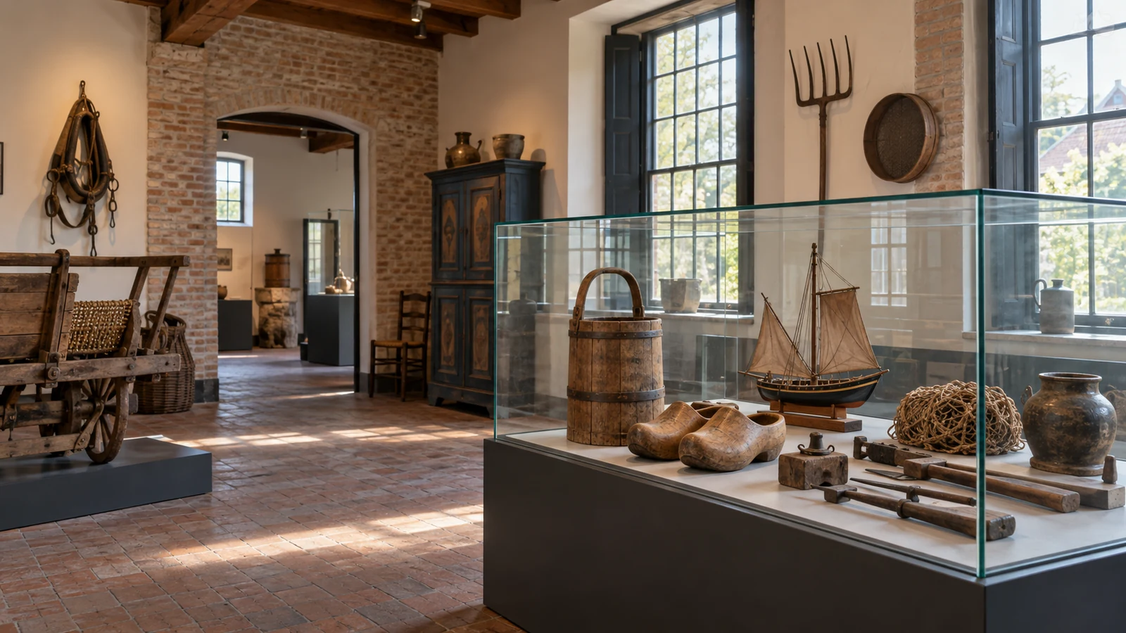 AI-generated image of a generic museum gallery with historic everyday objects.