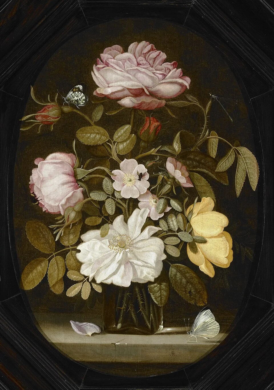Stilleven met rozen in een glazen vaas, Jan Goedart.