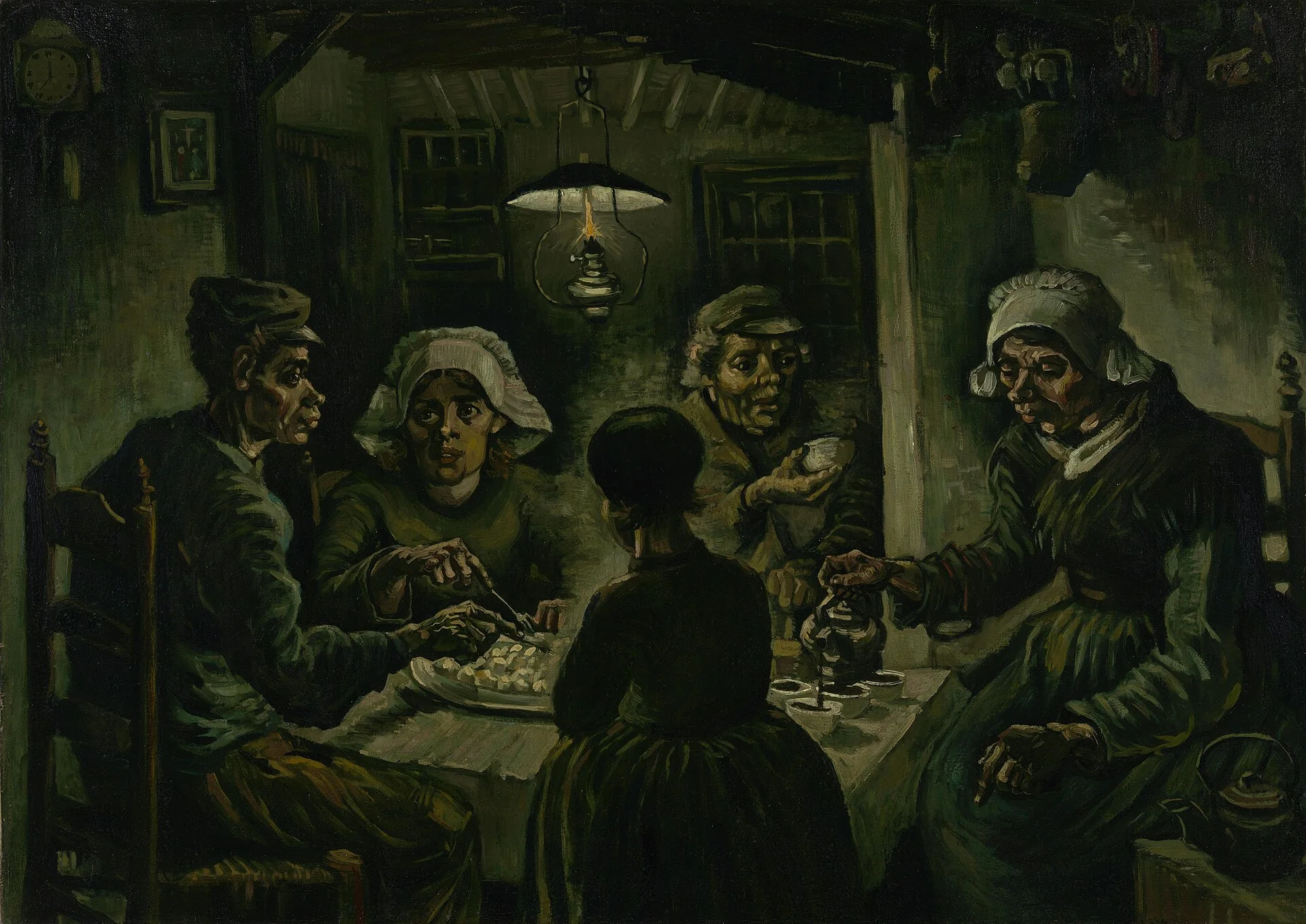 Vincent van Goghs De aardappeleters: vijf figuren eten aardappelen aan een tafel onder een olielamp in een donkere kamer.