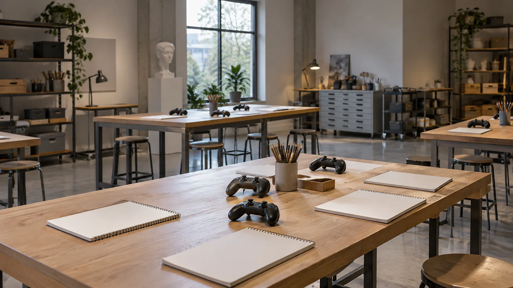 Een denkbeeldige workshopruimte zonder echte gamebeelden of kunstwerken.