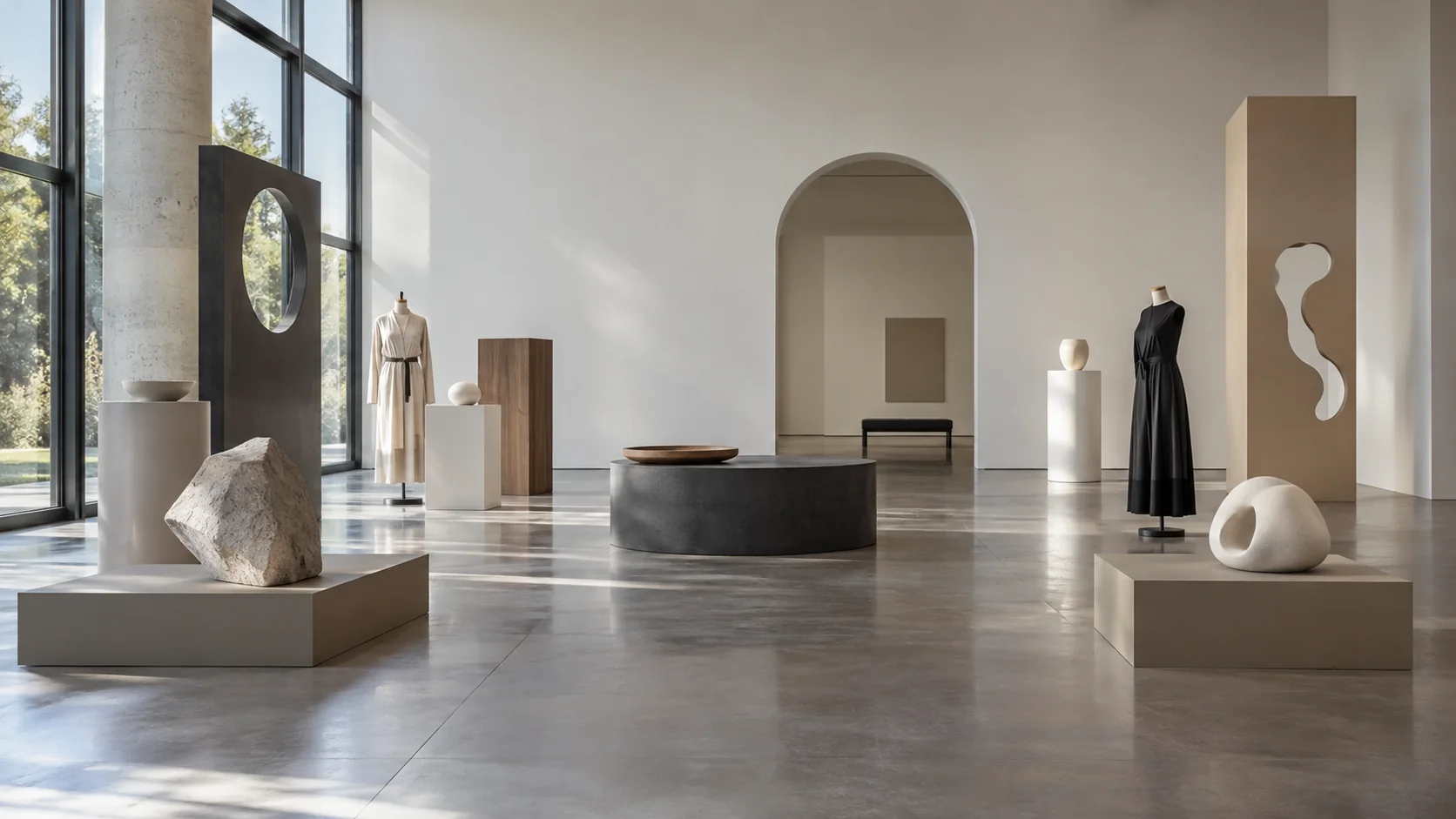 Ein fiktiver Ausstellungsraum mit erfundenen Kunst- und Modeobjekten, nicht aus der Sammlung des Centraal Museum.