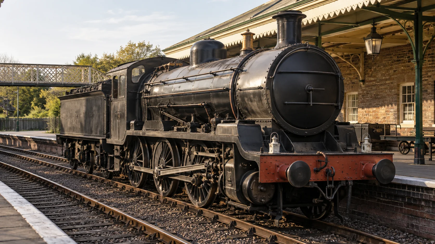 An imagined steam locomotive beside a platform; this is not a photograph of the Arend.