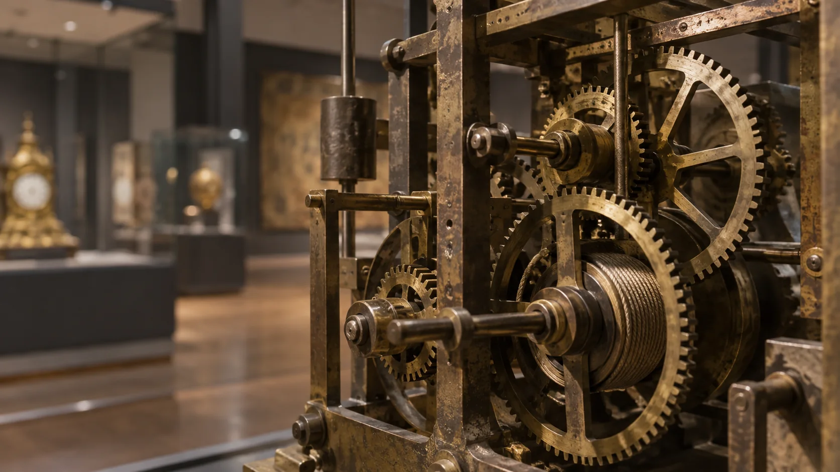 Ein fiktives Uhrwerk in einem Museumssaal; dies ist kein Foto eines Sammlungsstücks.