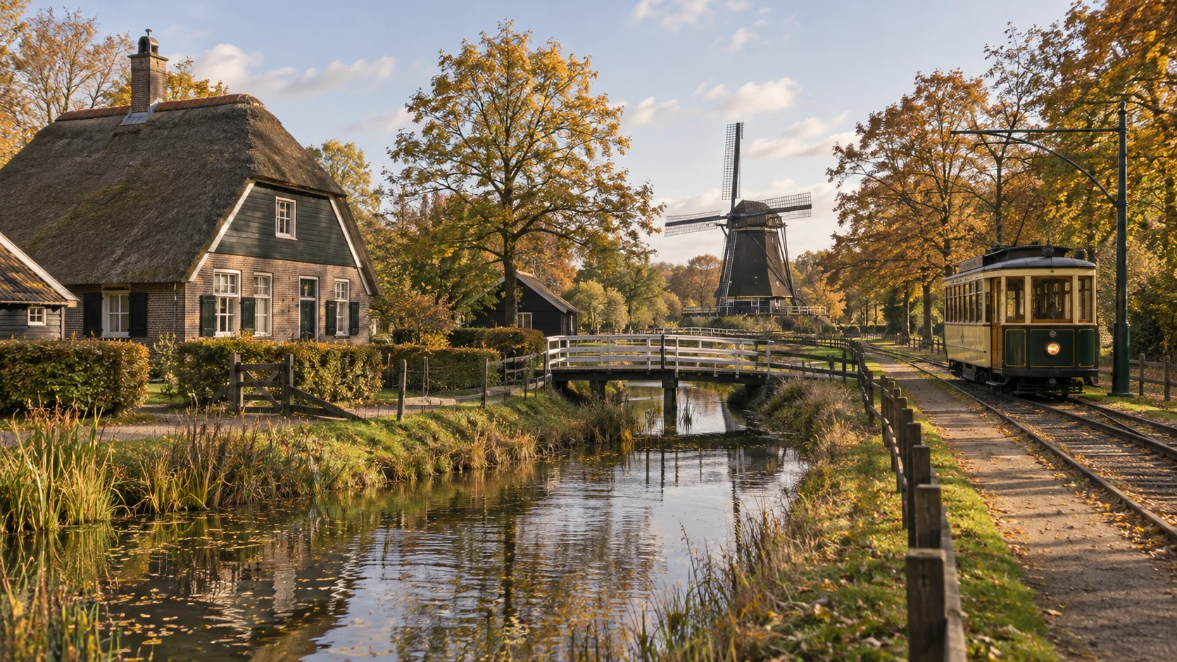 Een denkbeeldig Nederlands openluchtmuseum; dit toont het Arnhemse museum niet.
