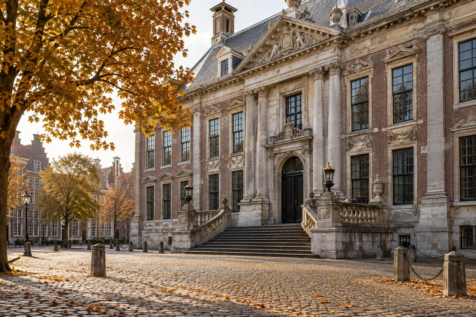 Een fictief stadspaleis aan een oud Nederlands plein; dit is geen foto van Hof van Heeckeren.