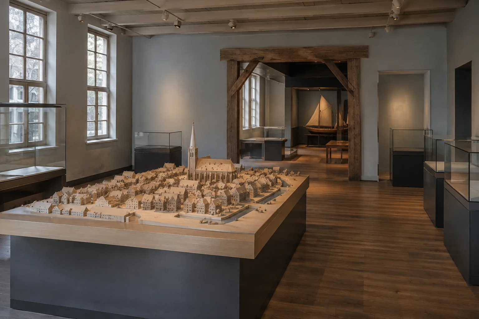 A fictional museum gallery with a city model, without real objects from Amorfortia.