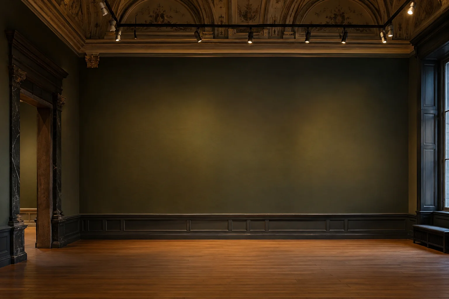 Ein fiktiver leerer Kunstmuseumssaal; er zeigt nicht das Mauritshuis.