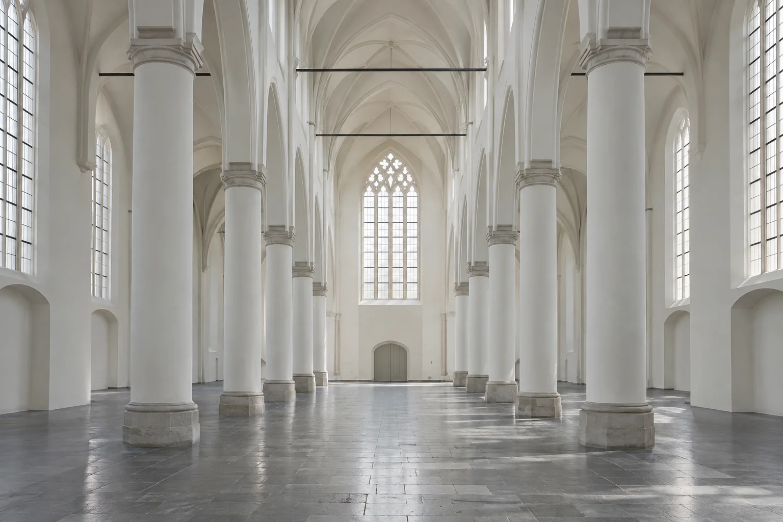 Een fictief leeg kerkinterieur; dit toont geen door Saenredam geschilderd gebouw.