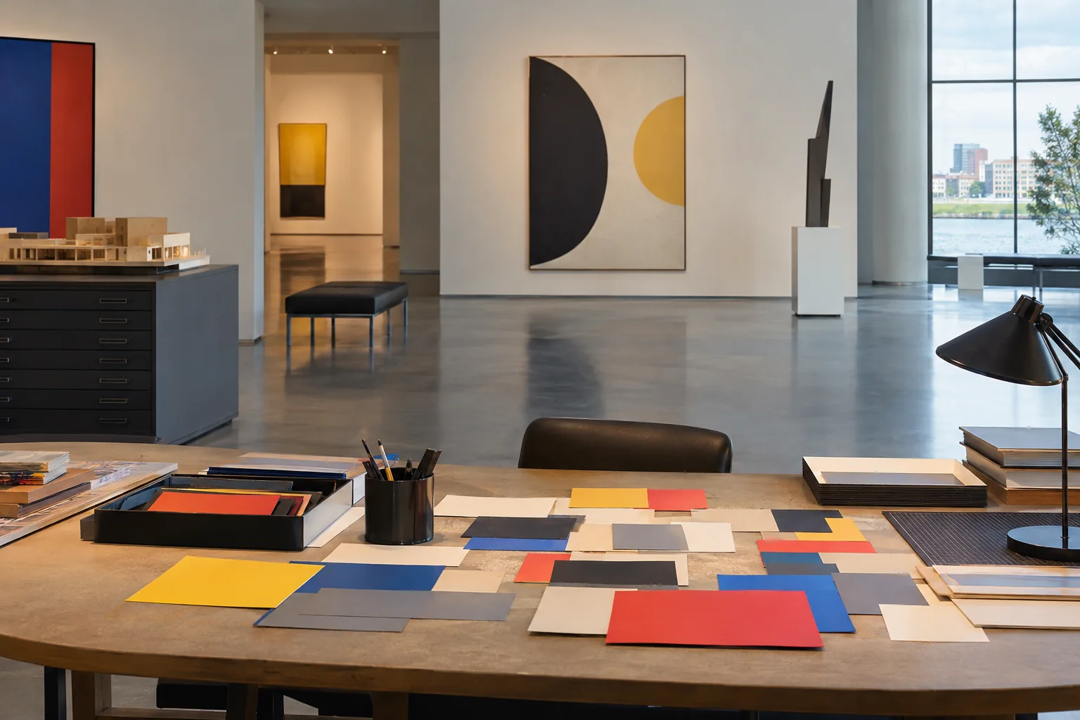 Ein fiktiver Arbeitstisch für Kunstforschung; kein echtes Mondrian-Gemälde ist abgebildet.