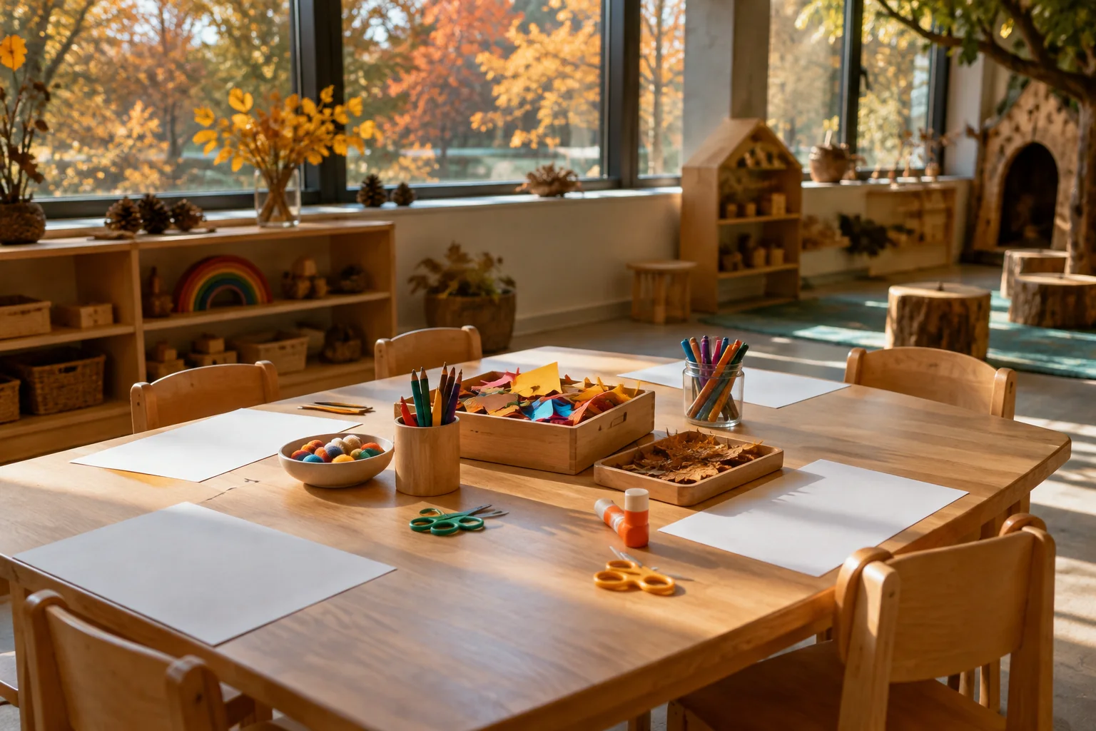 Ein allgemeiner leerer Basteltisch für Kinderaktivitäten; kein tatsächliches Programm ist abgebildet.