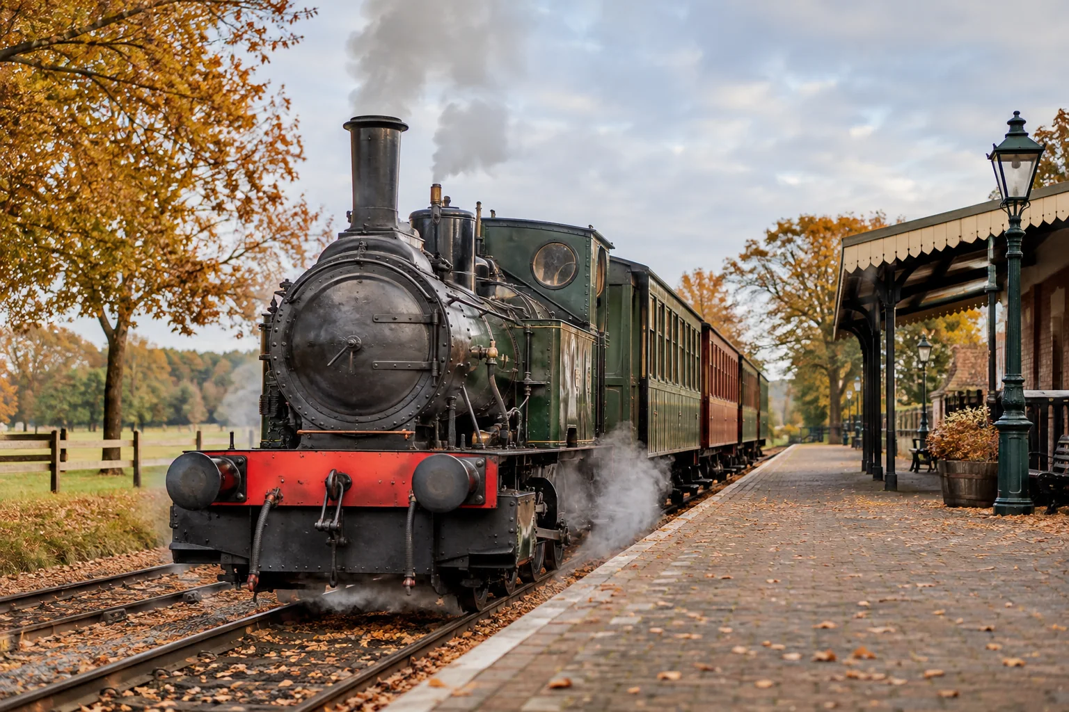 Een denkbeeldige stoomtrein op een Nederlandse museumlijn; geen echte locomotief afgebeeld.