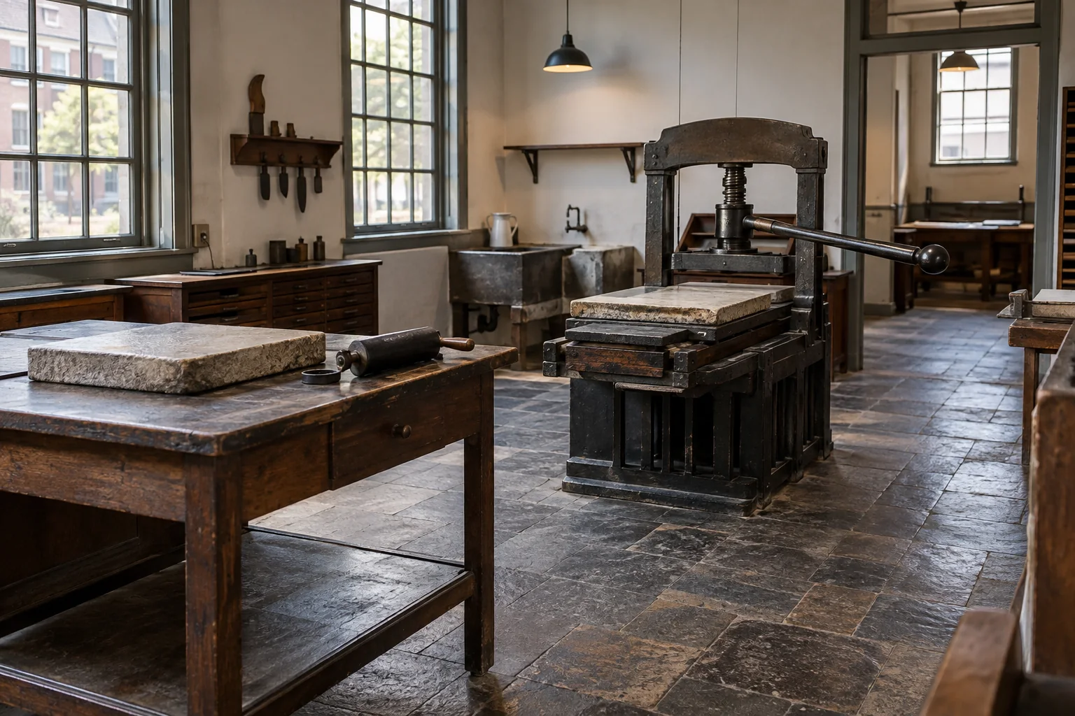 Een fictieve kleine lithografiewerkplaats; dit toont het Nederlands Steendrukmuseum niet.