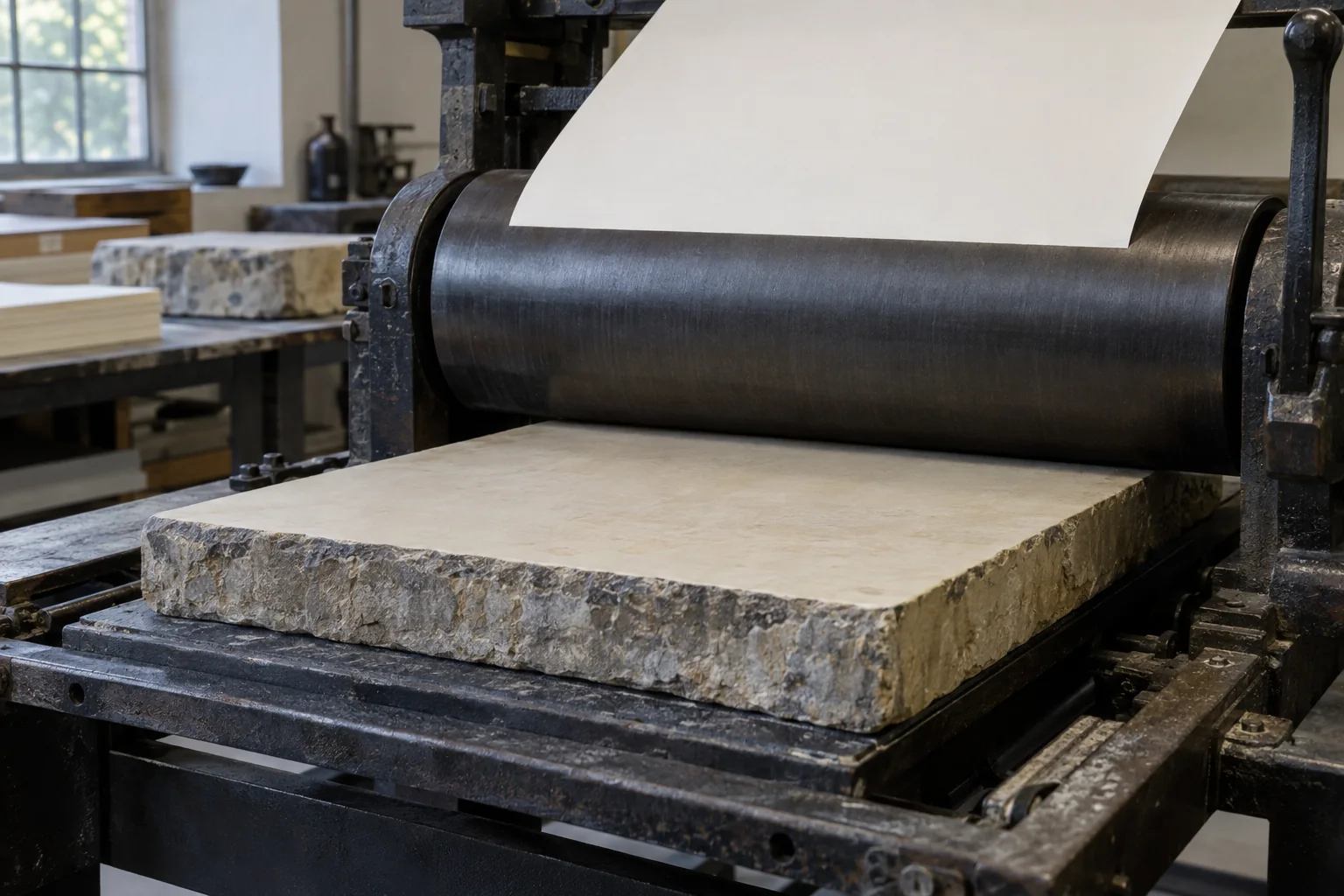 Eine erdachte alte Steindruckpresse ohne abgebildete CoBrA-Kunstwerke.