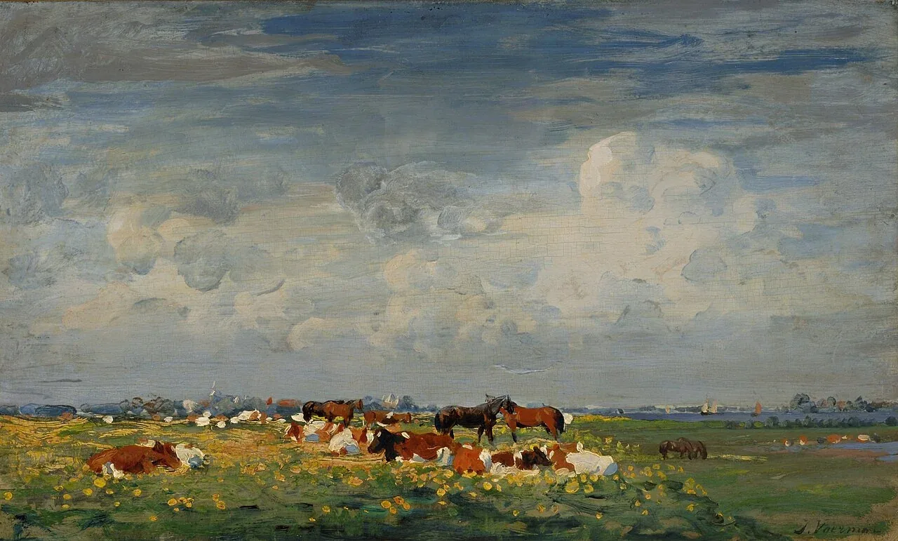 Weidelandschap met dieren, bomen en een bewolkte lucht, geschilderd door Jan Voerman senior.