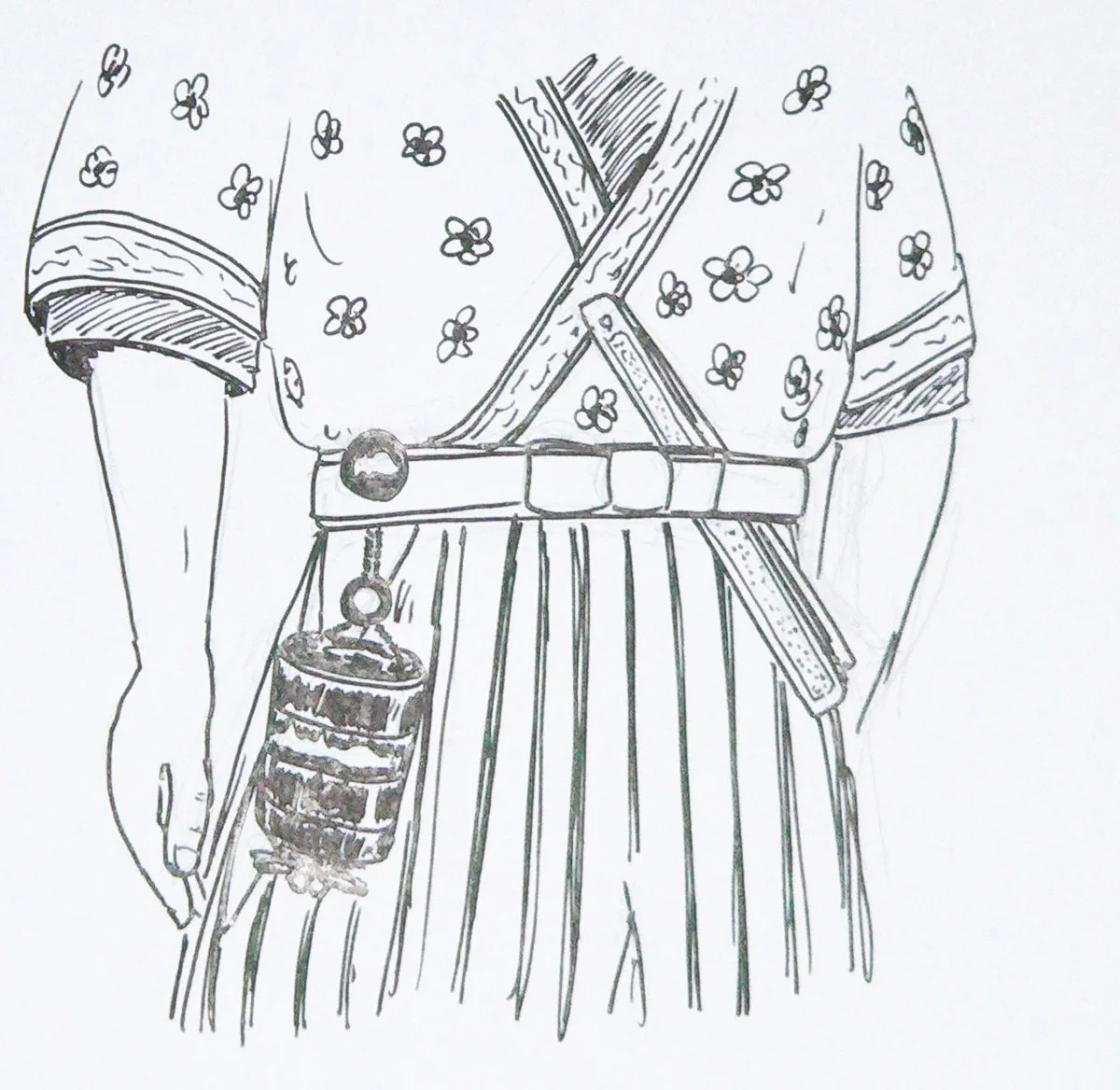 Tekening die laat zien hoe een netsuke en een hangend doosje aan de gordel worden gedragen.