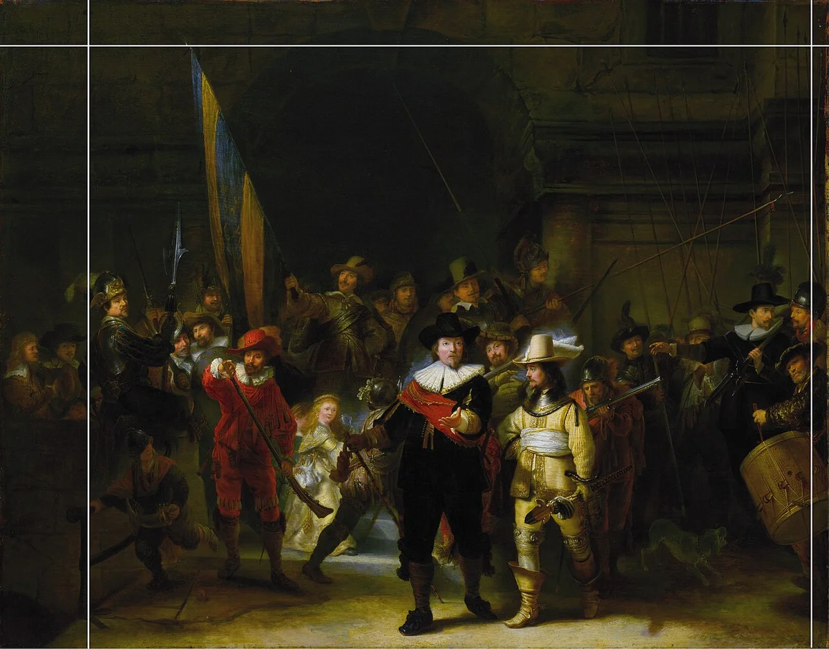 Historische kopie van De Nachtwacht, met hulplijnen die het latere bijgesneden formaat aangeven.
