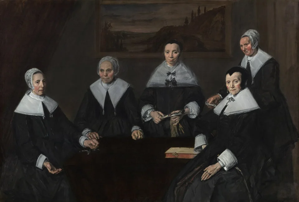 Five women in dark clothing and white collars around a table, painted by Frans Hals.